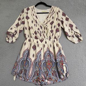 Gianni Bini Cream with Paisley Boho Print Romper Shortalls Size Medium